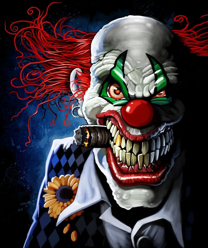 Scary Clown with Cigar — Black, Dark, Digital Art, Red Hair