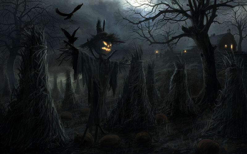 Scary scarecrow in a dark field