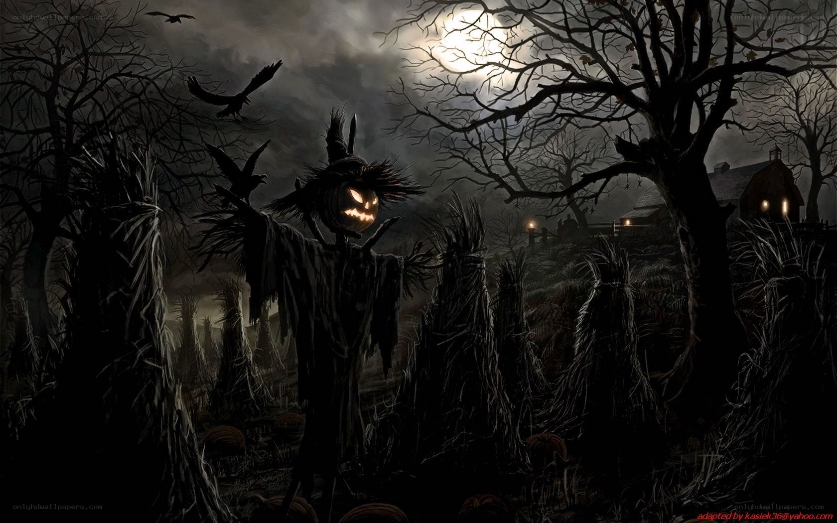 scary scarecrow in moonlit field