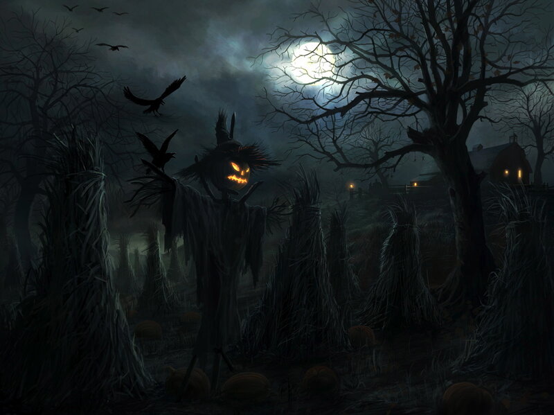 Scary scarecrow in moonlit field