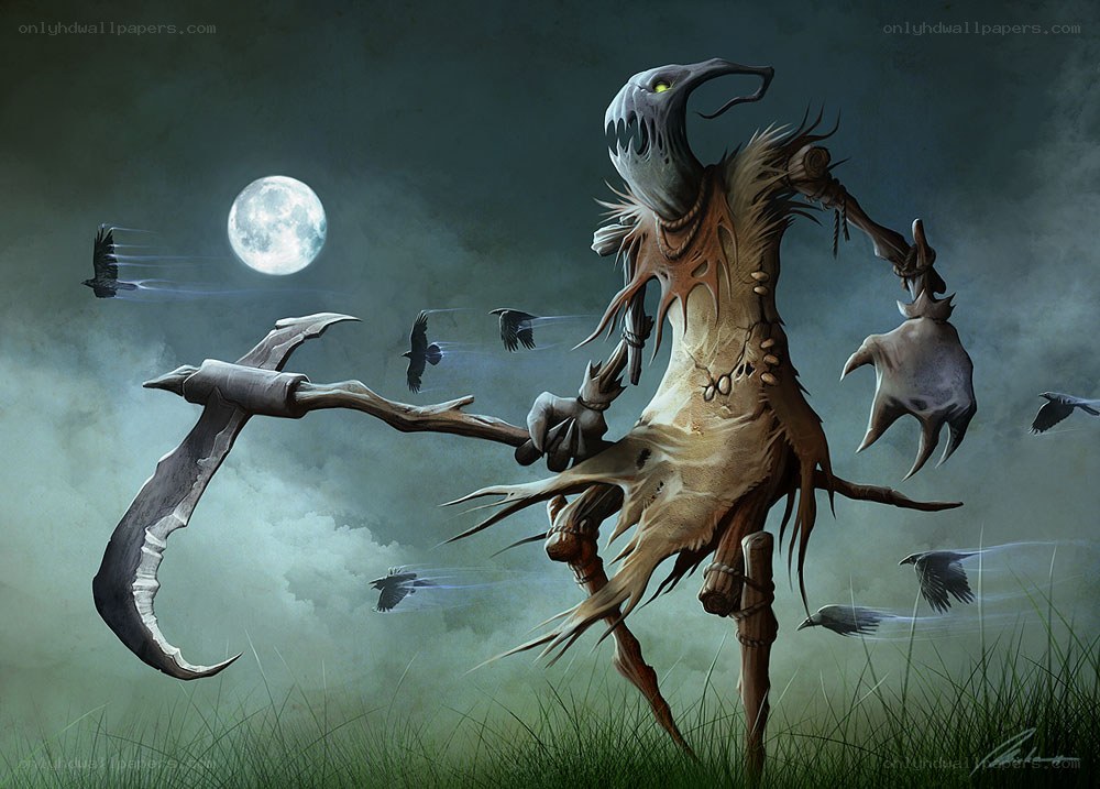 Scary scarecrow under moonlight