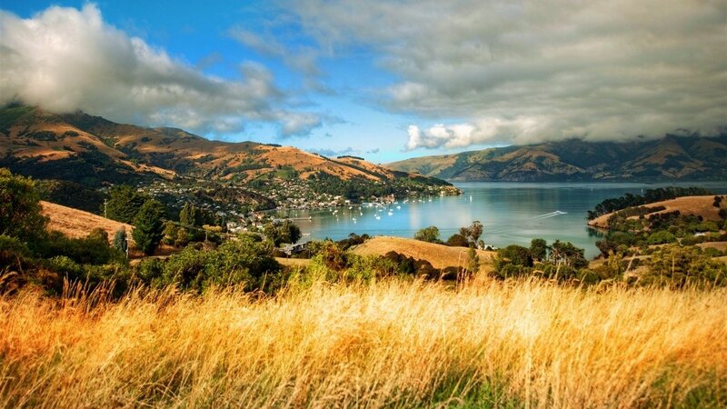 scenic bay with hills and town