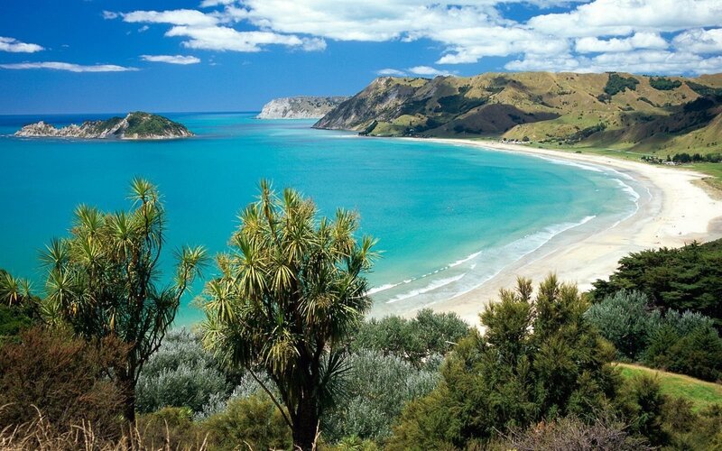 scenic coastal bay with island