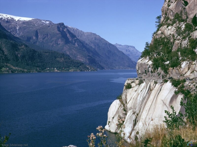 Scenic fjord with mountain road