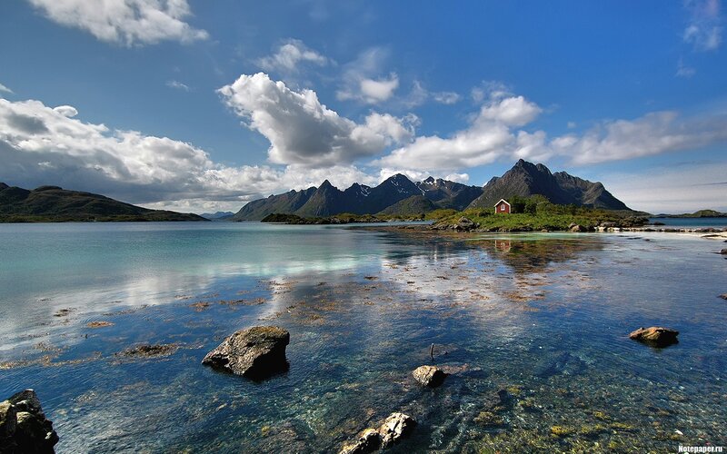 Scenic fjord with red cabin