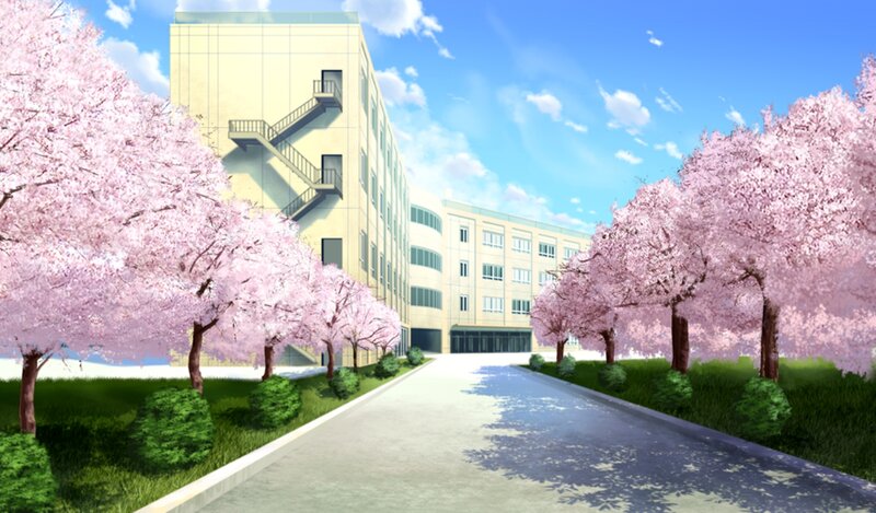 School Building with Cherry Trees