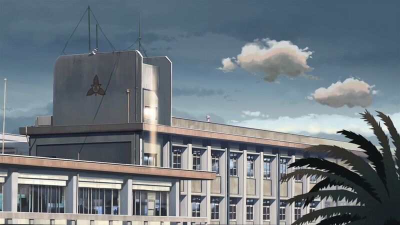 School Building with Palm Tree — Gray