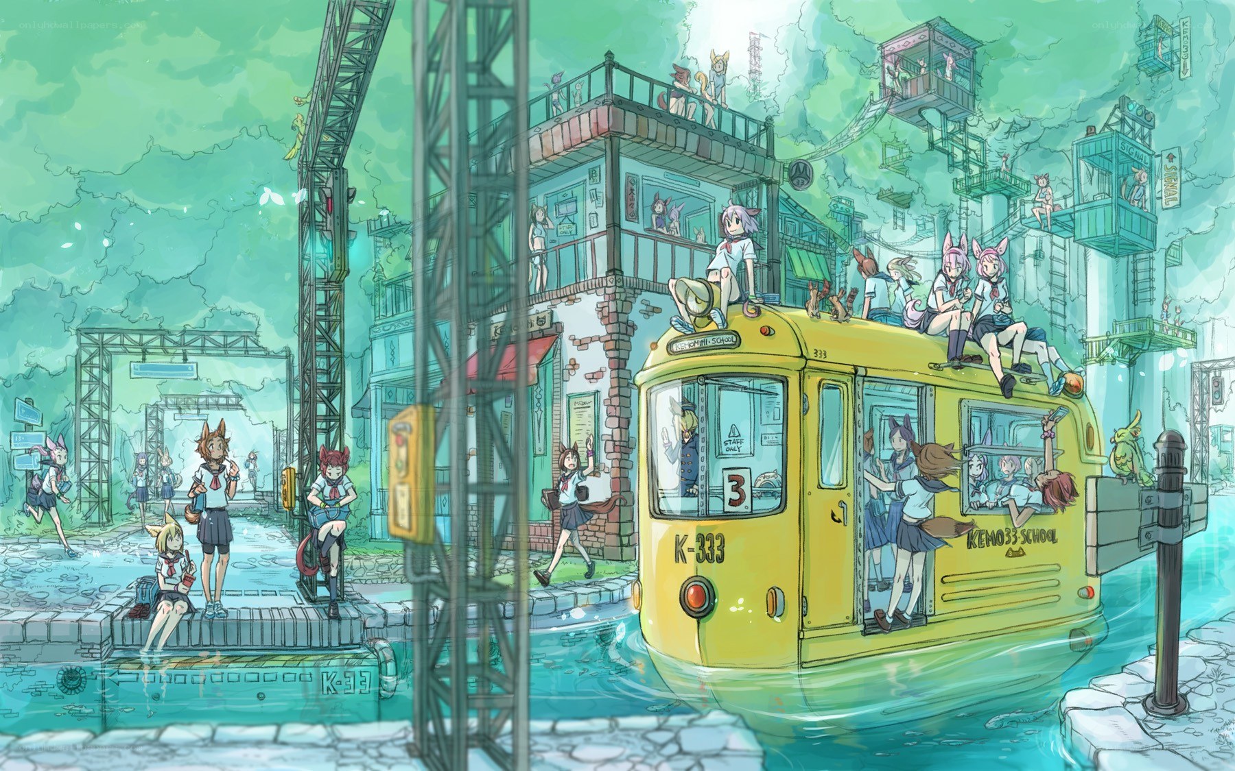 School bus in flooded city
