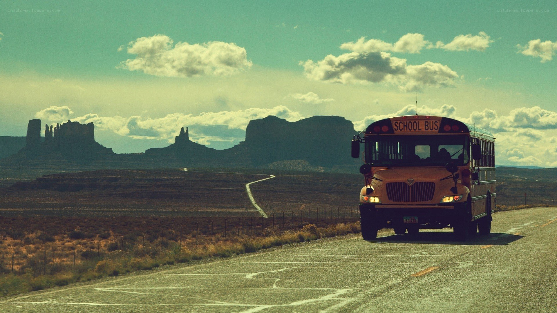 School bus on desert road