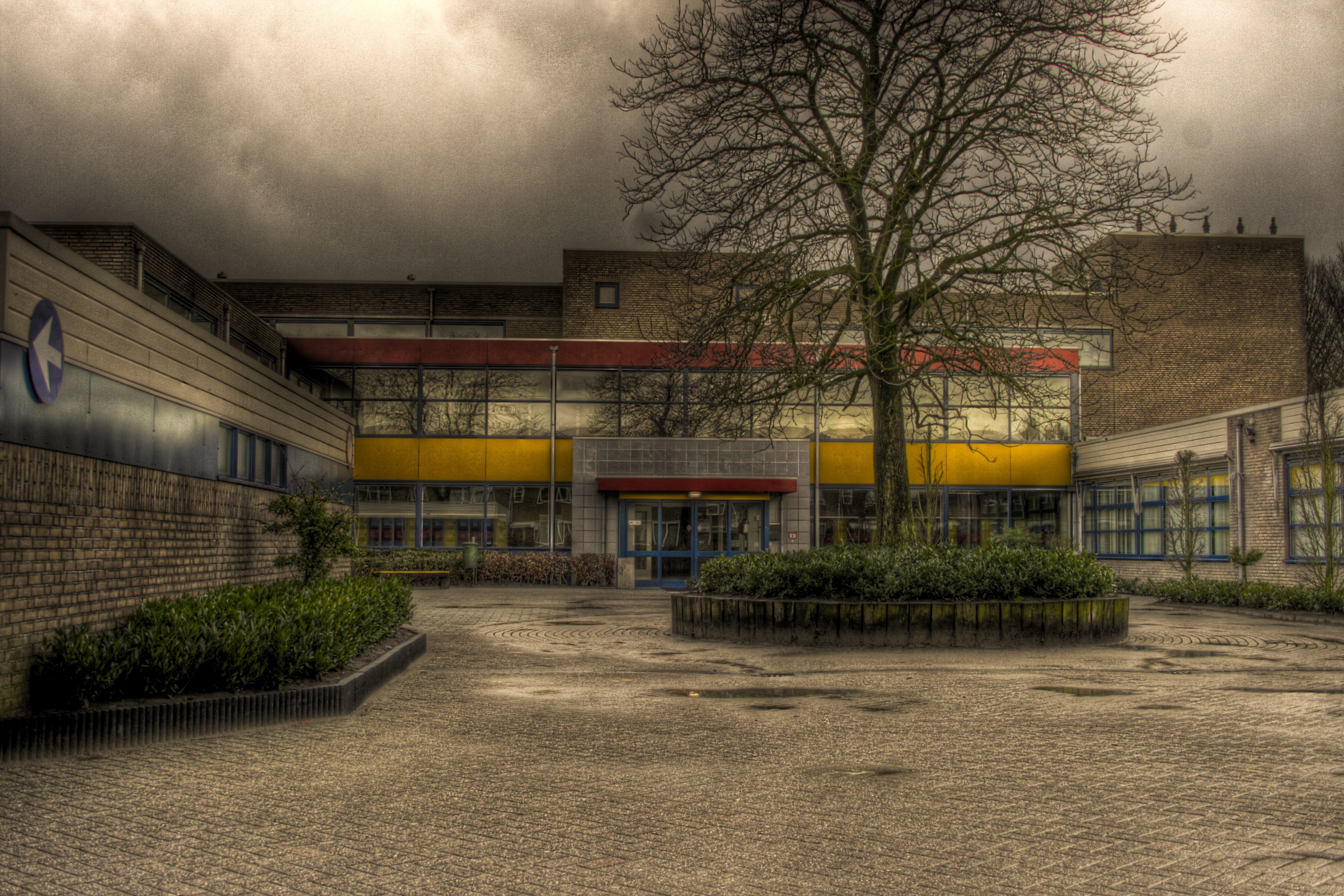 school courtyard under cloudy sky