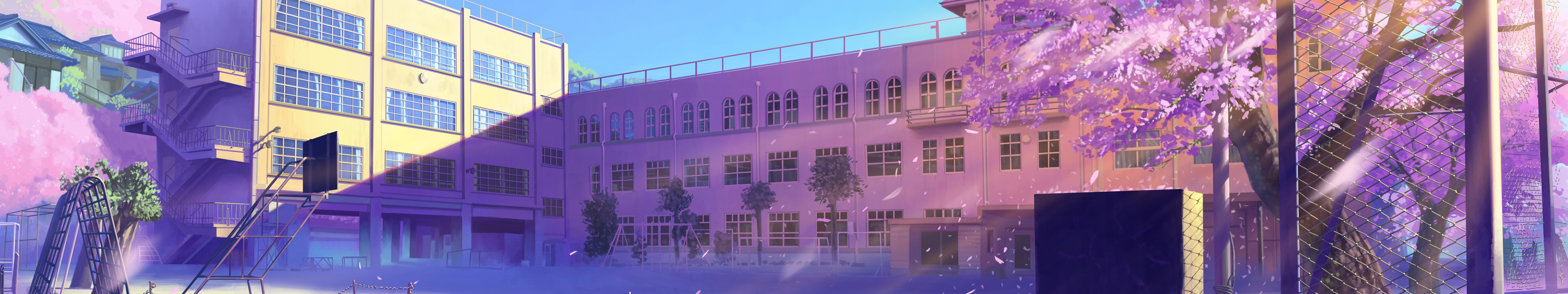 School courtyard with cherry blossoms