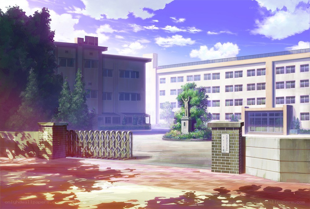 School entrance at sunset