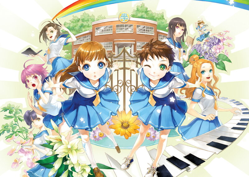 School girls with rainbow and piano keys