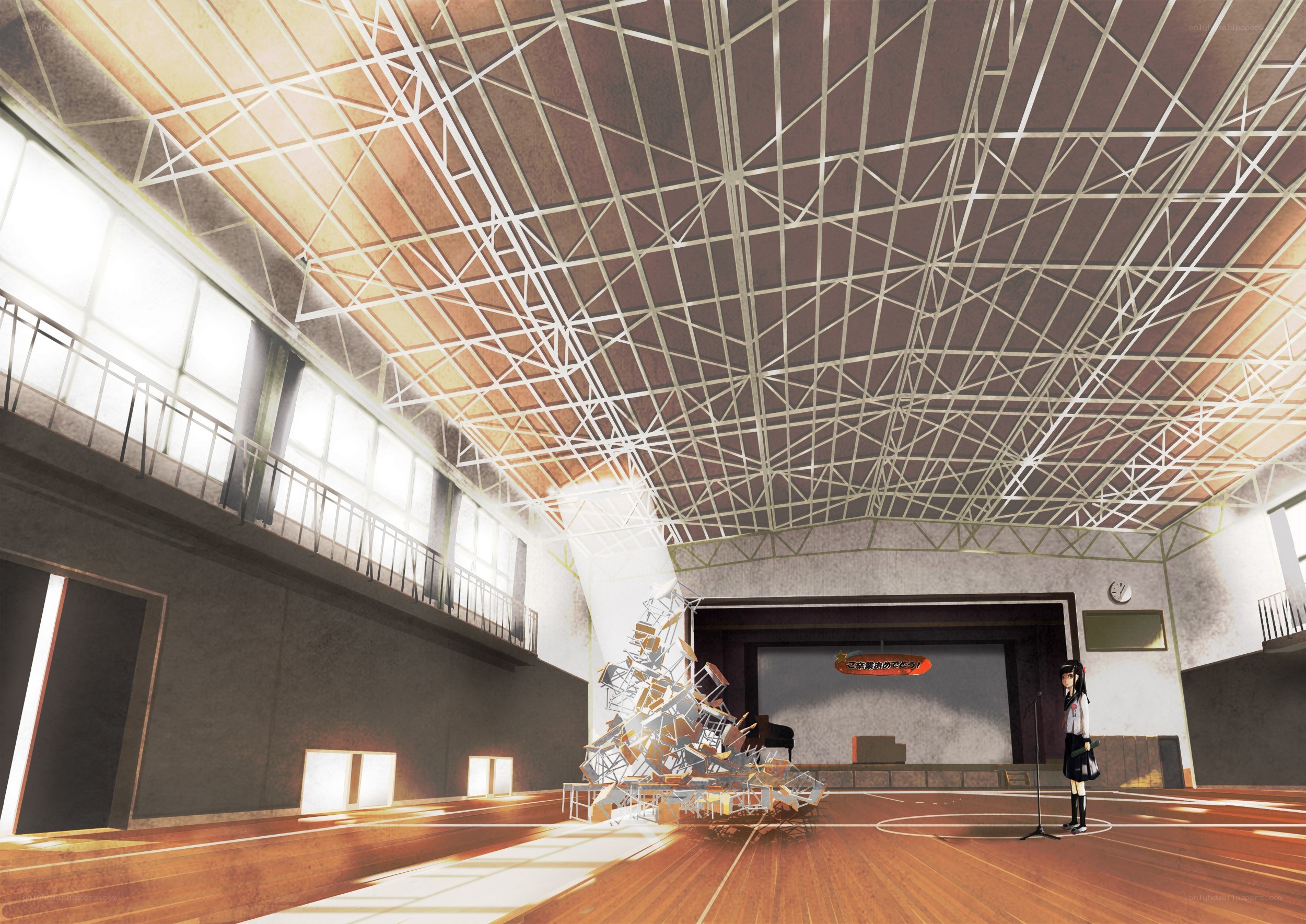 School gym with student and debris