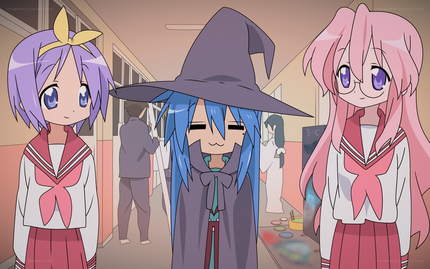 school hallway with anime characters