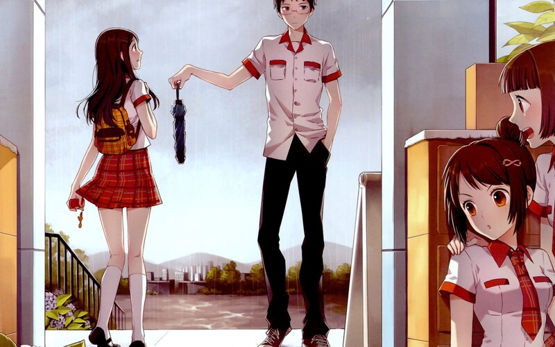 School Students in Rain — Red
