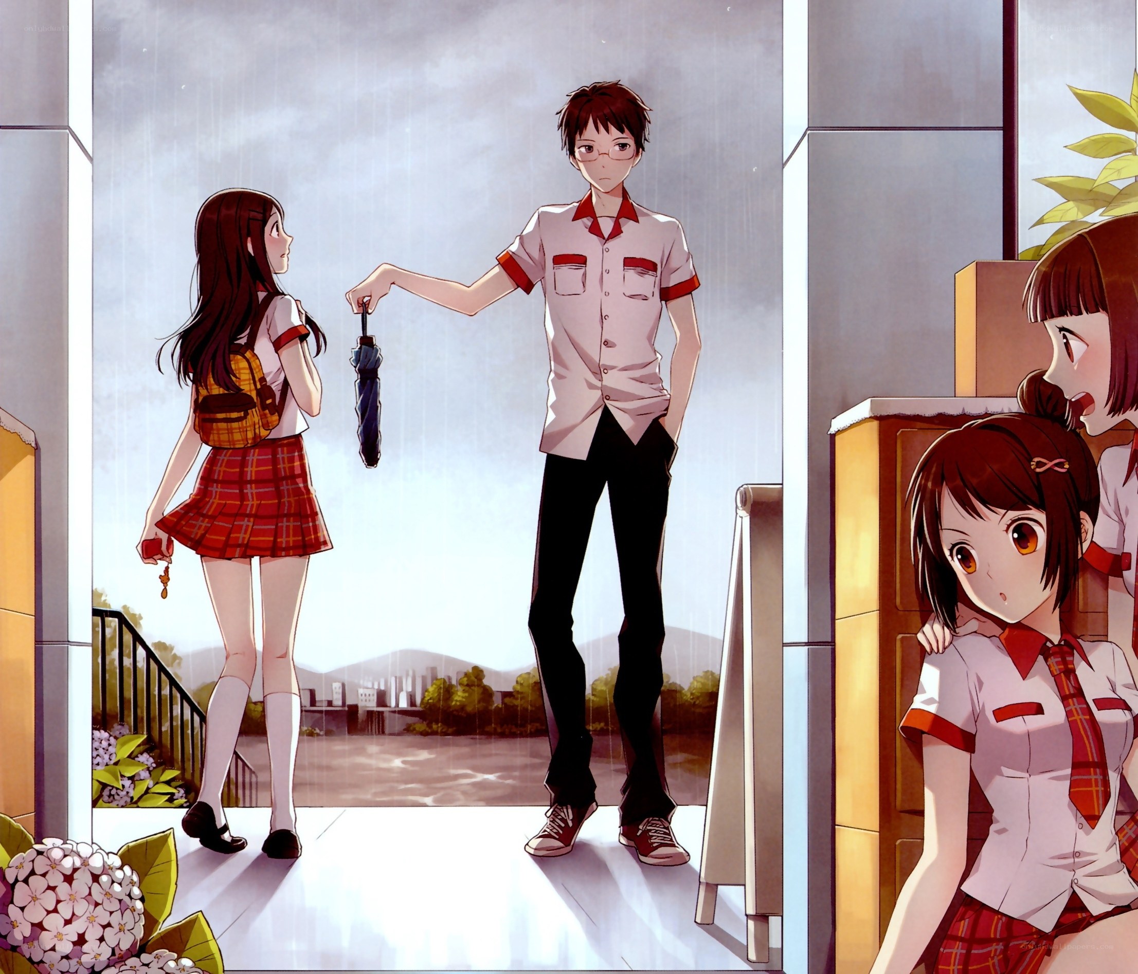 School students in the rain