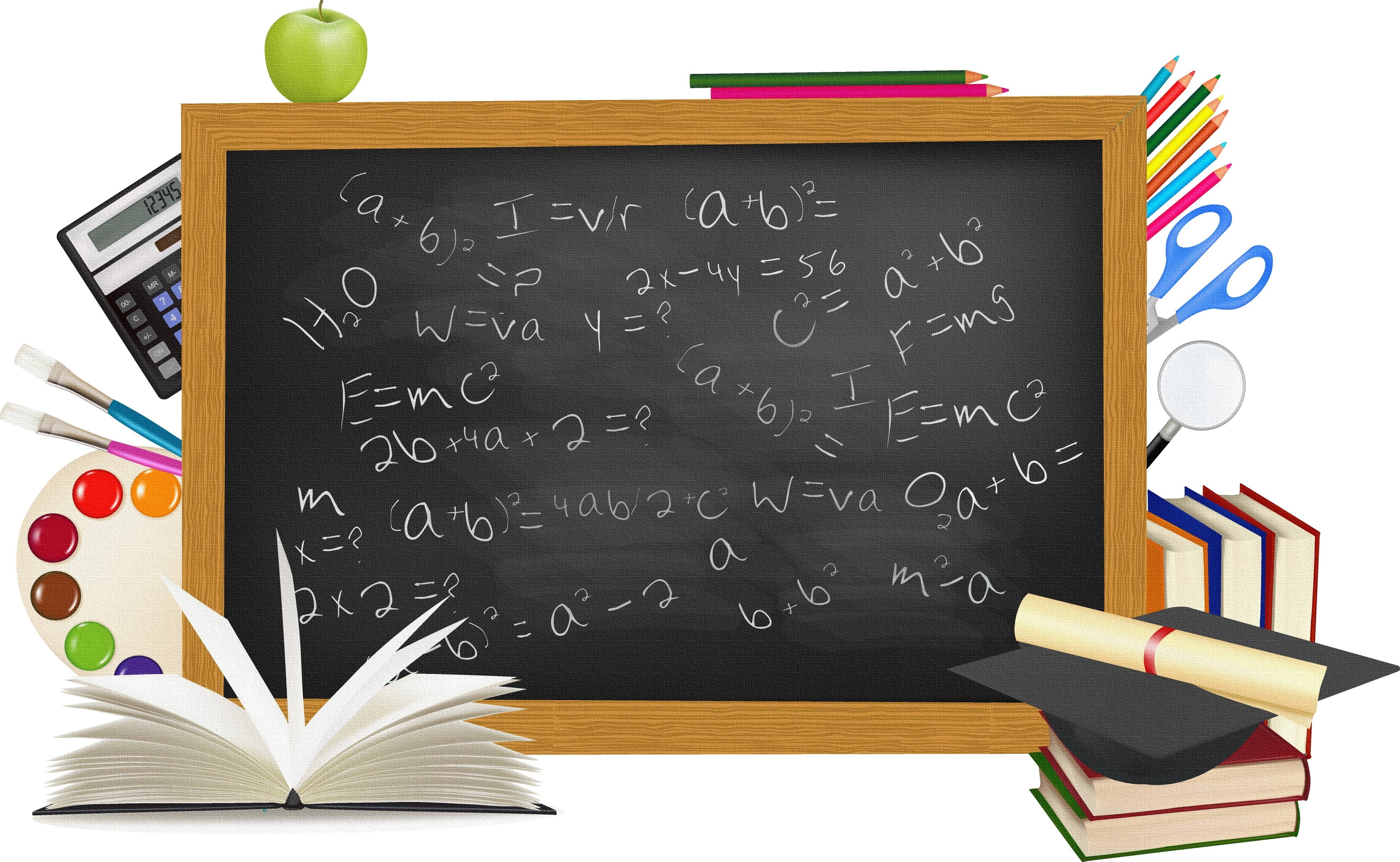 school supplies and blackboard