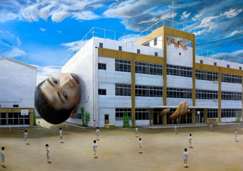 School with giant face mural