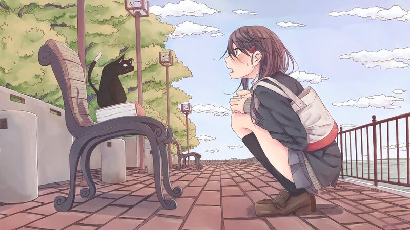 Schoolgirl and Black Cat