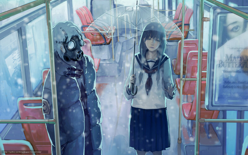 Schoolgirl and gas mask figure