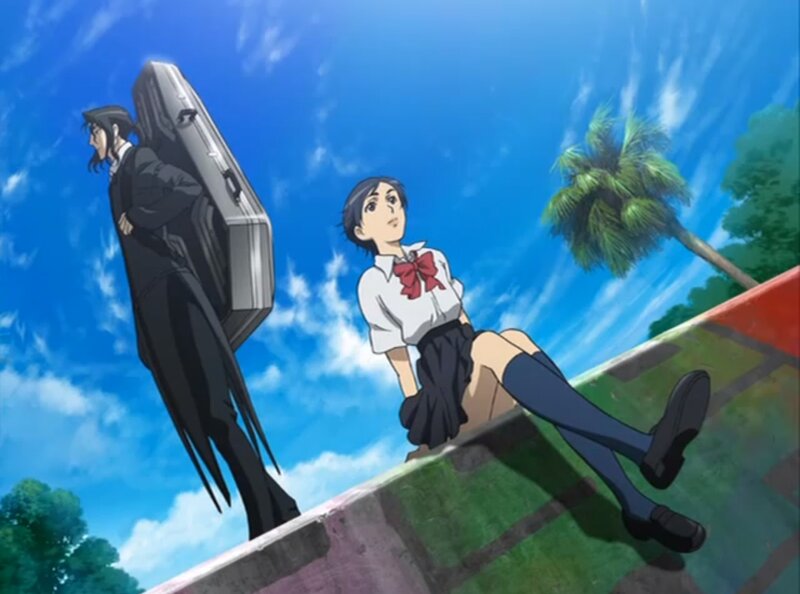 Schoolgirl and Man with Coffin