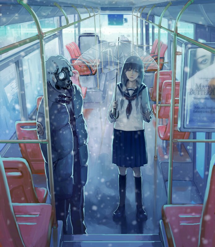 Schoolgirl and masked figure on bus
