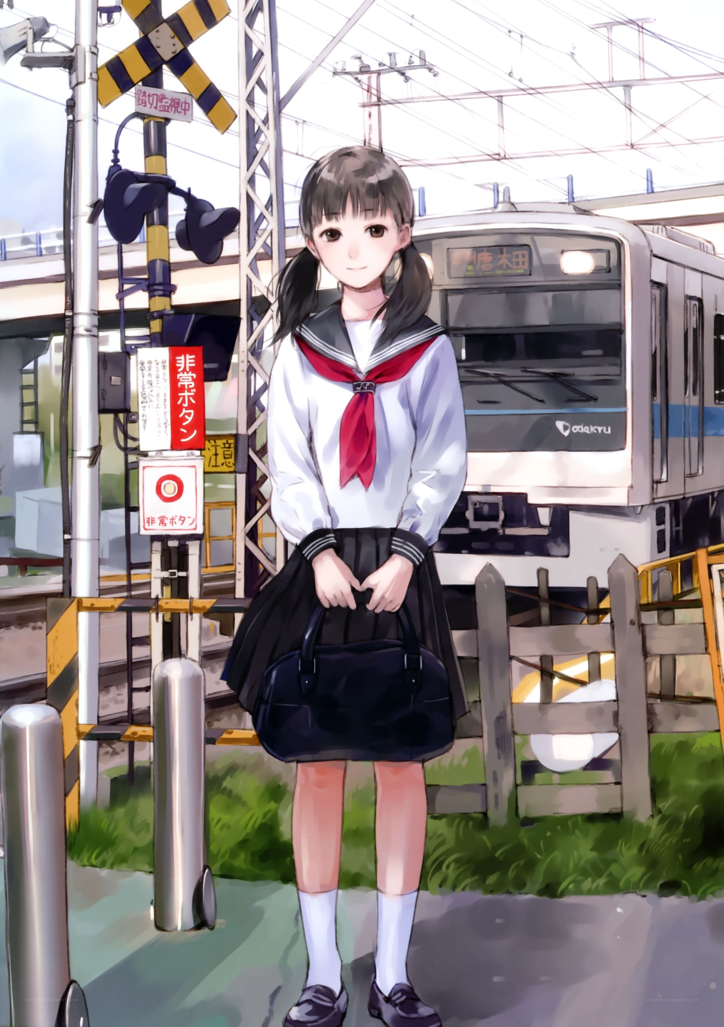 schoolgirl at train crossing