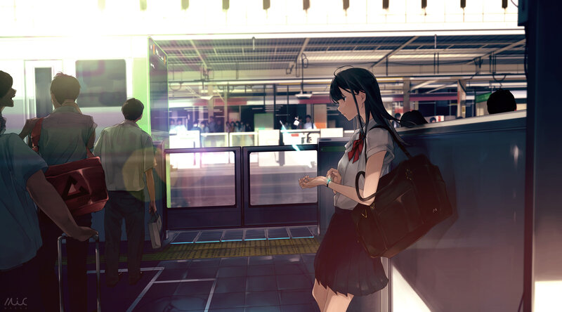 Schoolgirl at Train Station — Gray