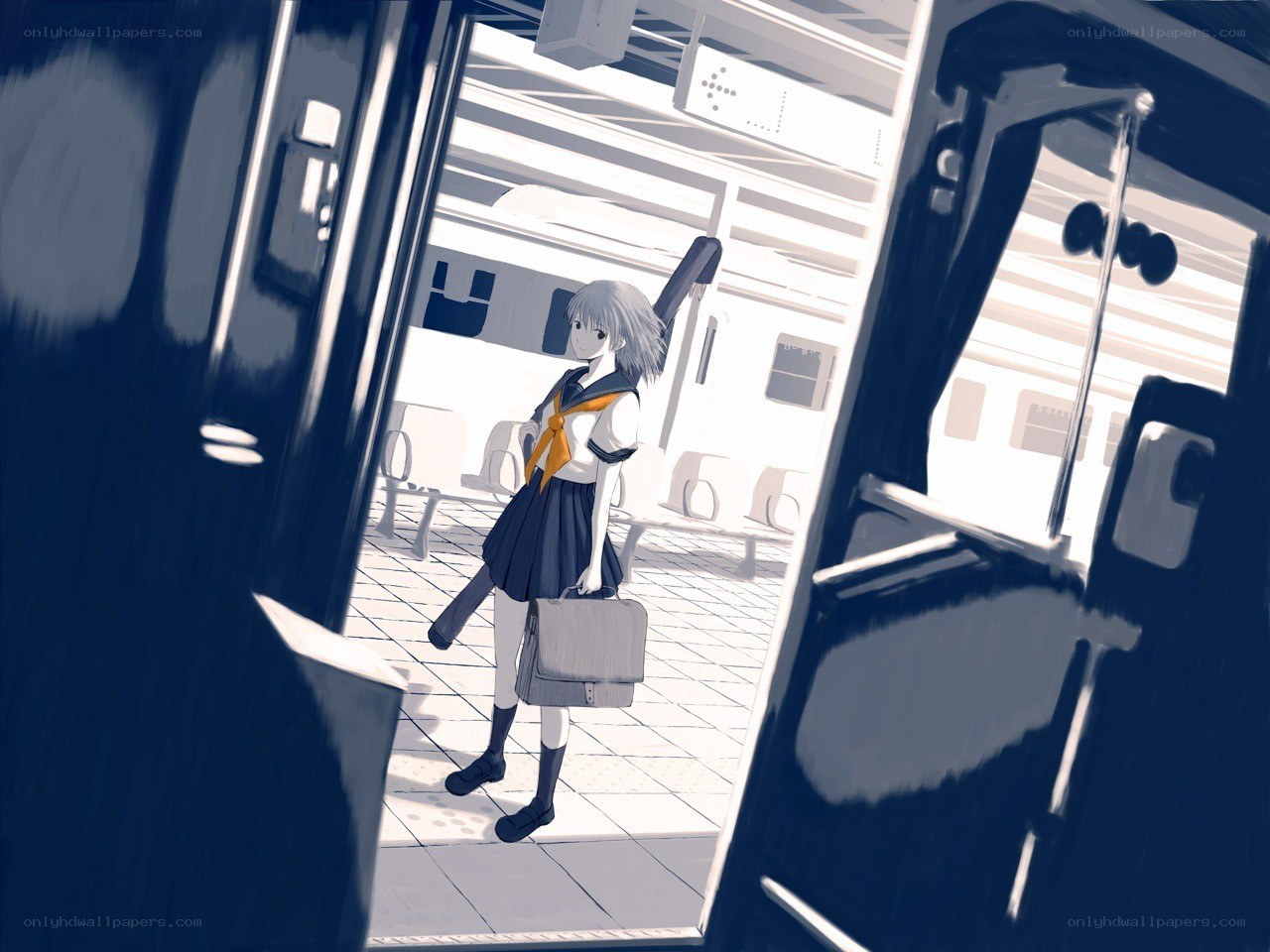 schoolgirl at train station