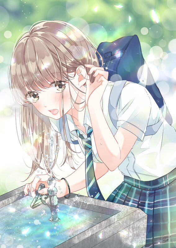 Schoolgirl Drinking Water — Green