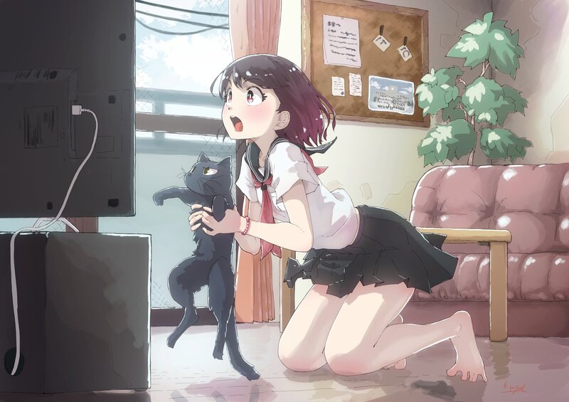 Schoolgirl Holding Cat