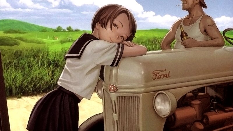 Schoolgirl Leaning on Tractor