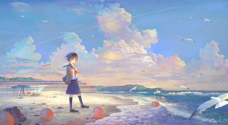 Schoolgirl on Beach