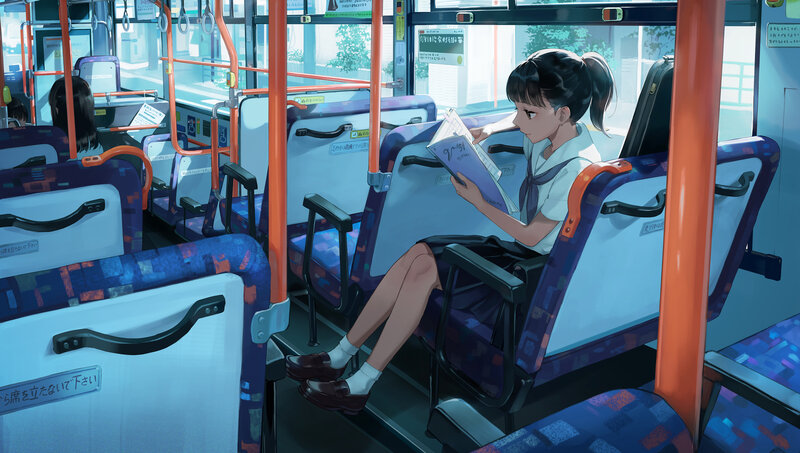 Schoolgirl Reading on Bus