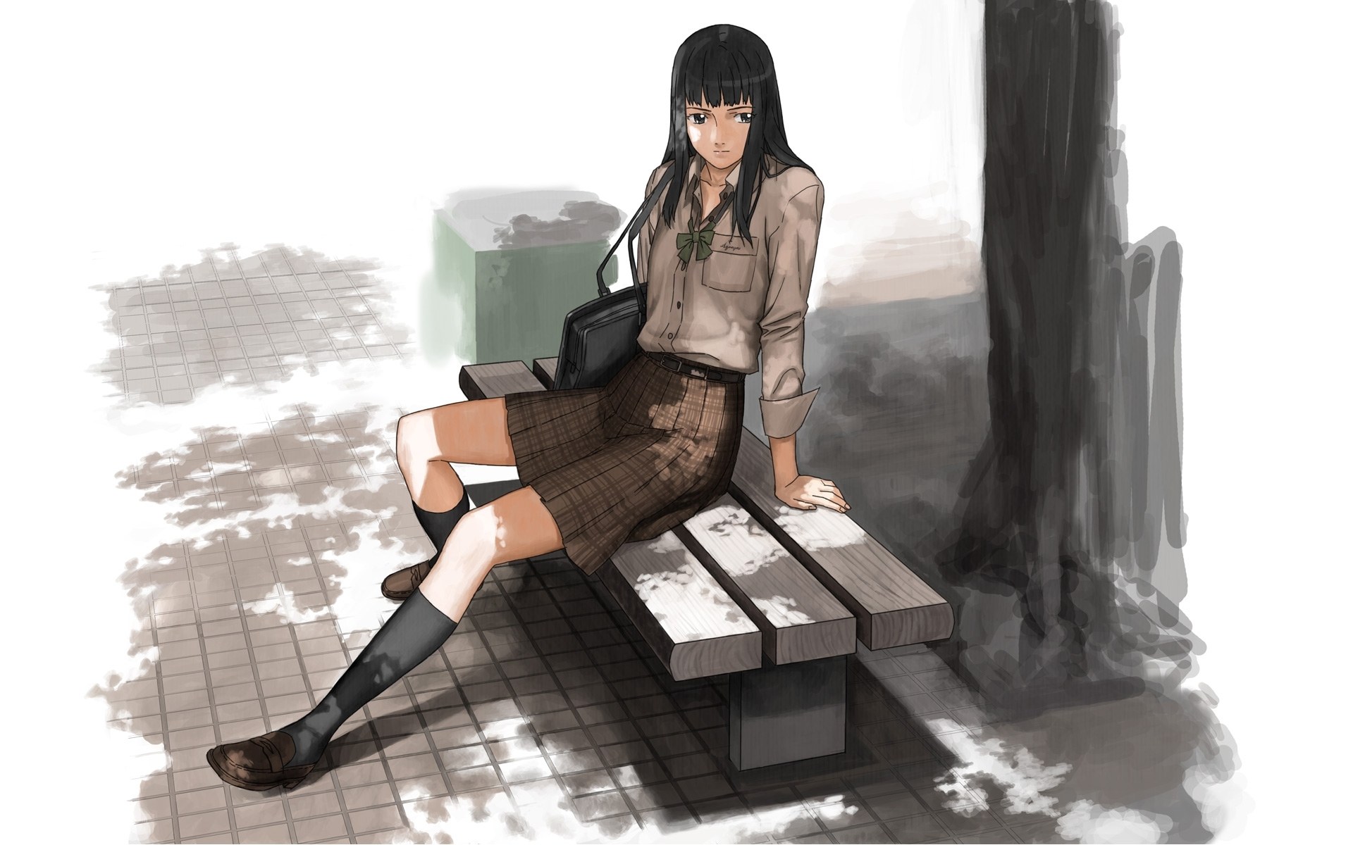 schoolgirl sitting on a bench