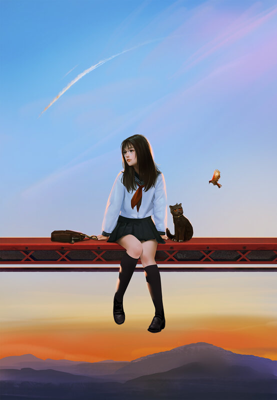 Schoolgirl Sitting on Bridge