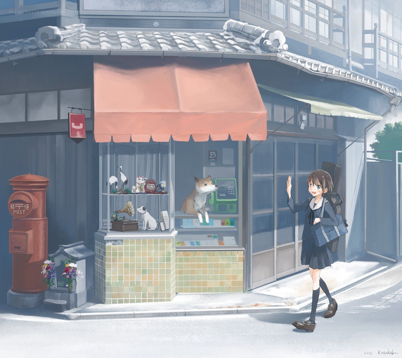 Schoolgirl waves at shop