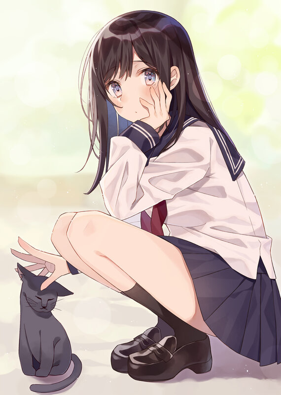 Schoolgirl with Black Cat