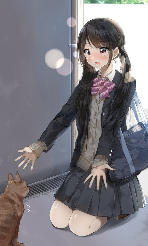 Schoolgirl with Cat — Gray