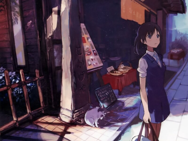 Schoolgirl with Cat — Purple, Calm