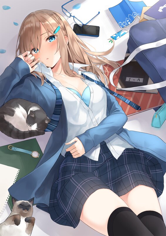 Schoolgirl with Cats — Blue