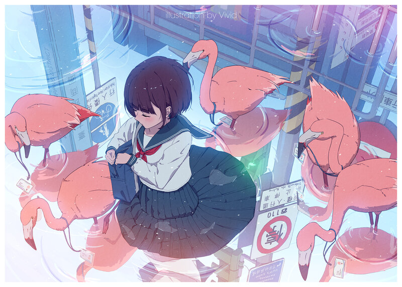 Schoolgirl with Flamingos