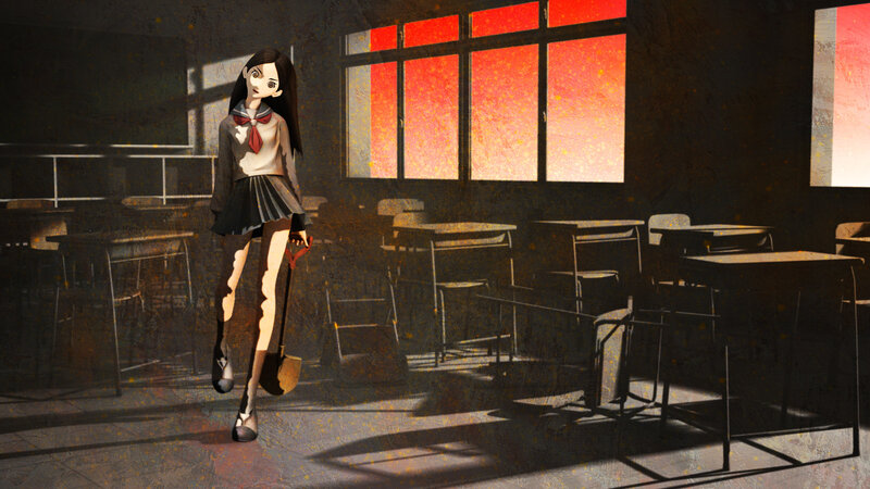 Schoolgirl with shovel in classroom
