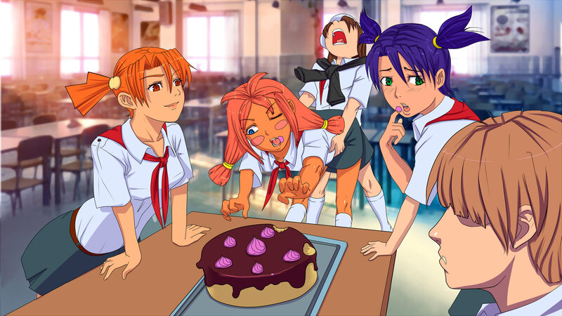 Schoolgirls Around Cake