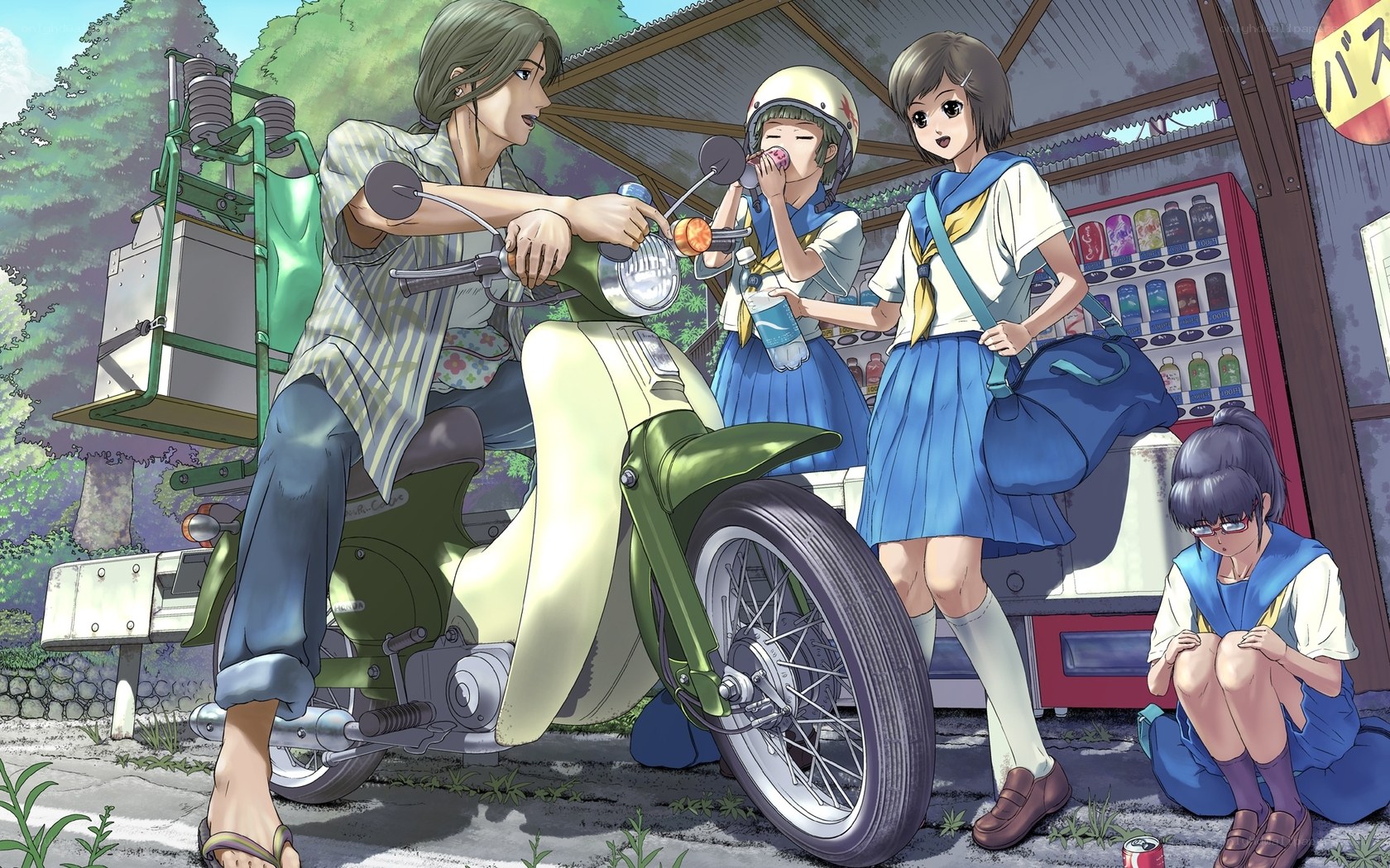 Schoolgirls at a bus stop