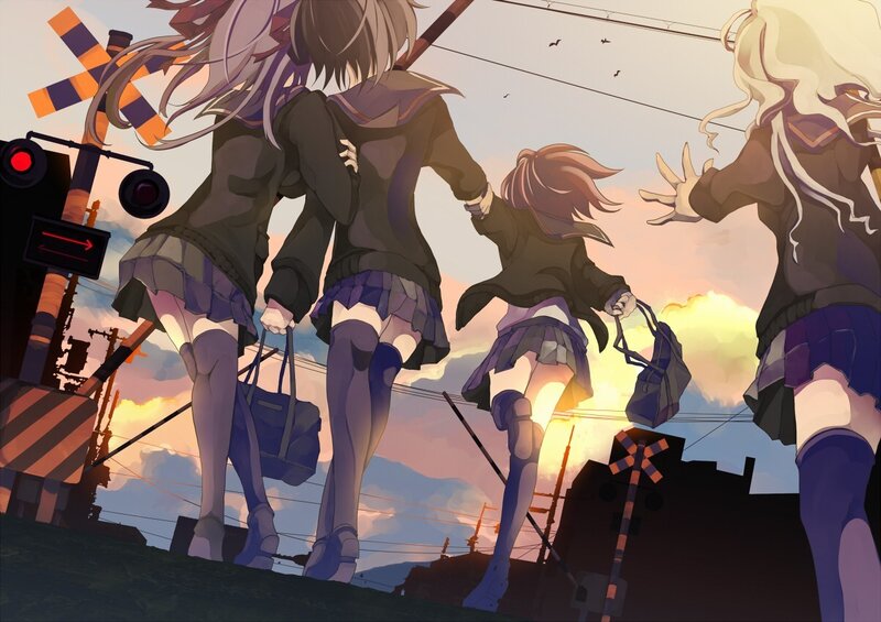 schoolgirls at a railroad crossing