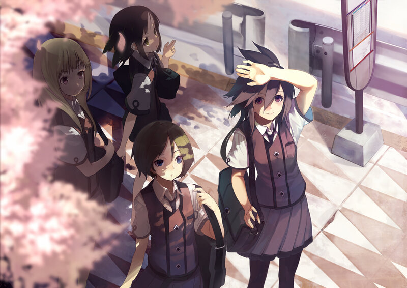 schoolgirls at a train station