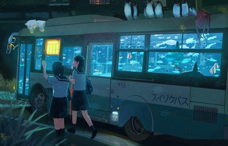 Schoolgirls at Bus Stop