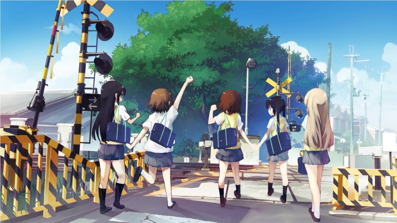 Schoolgirls at Railroad Crossing